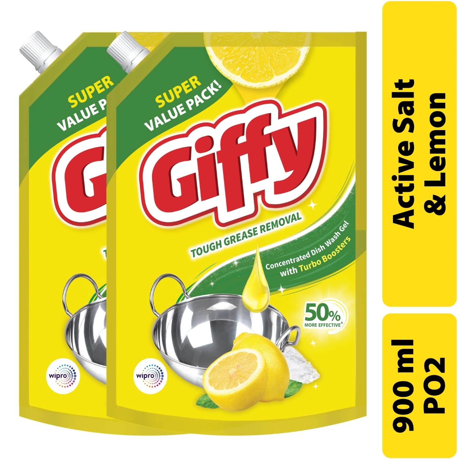 Giffy Lemon & Active Salt Concentrated Dishwash Gel Refill 900 ml (Buy 1 Get 1)