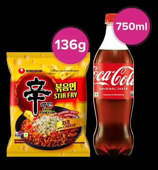 Nongshim Stir Fry with Cheese Noodle 136 gm & Coca-Coca Soft Drink Bottle 750 ml 1 Combo