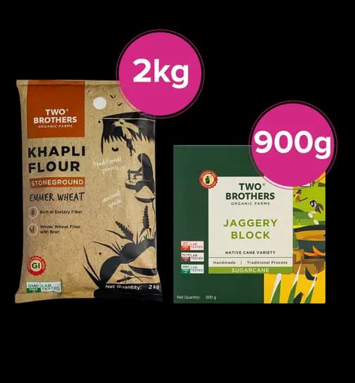 Two Brothers Organic Farms Khapli (Emmer Long Wheat) Atta, Stone Ground & Jaggery Block 1 Combo