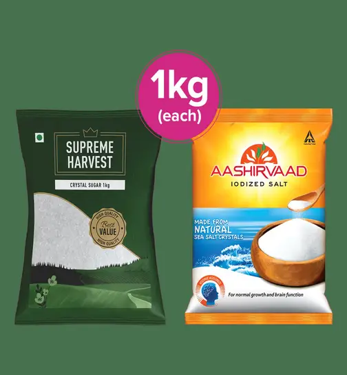 Supreme Harvest Crystal Sugar 1 kg + Aashirvaad Iodized Salt 1 kg 1 Combo