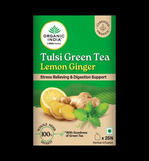 A TATA Product - Organic India Tulsi Green Tea - Lemon Ginger (25 Tea Bags) 25 Pieces
