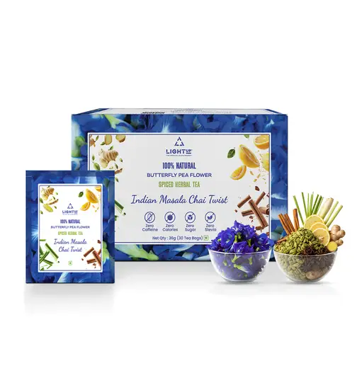 Light Up Beauty Blue Masala Chai with Butterfly Pea Flower & 6 Ayurvedic Spices - Support Weight Loss, Boost Metabolism (Zero Sugar, Zero Calories) 36 g
