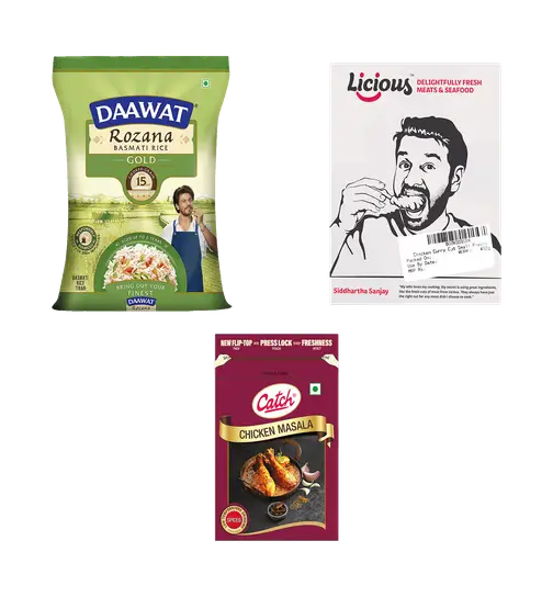 Daawat Rozana Gold Basmati Rice (5kg) & Licious Chicken Curry Cut (Small Pieces) - Skinless (450g) & Catch Chicken Masala (100g) 1 Combo
