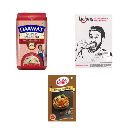 Daawat Basmati Rice - Super (1kg) & Licious Chicken Breast Boneless (400g) & Catch Biryani Masala (50g) 1 Combo